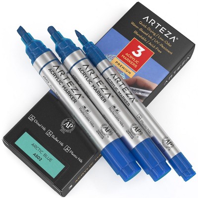 Arteza Acrylic Markers (A502 Arctic Blue), 2 Big Barrel (chisel+bullet nib) + 1 Small Barrel, Single Color - 3 Pack (ART