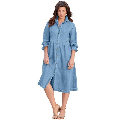 Roaman's Women's Plus Size Button Front Denim Dress