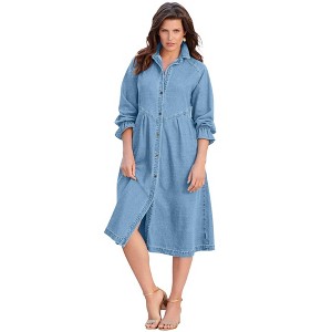 Roaman's Women's Plus Size Button Front Denim Dress - 1 of 4