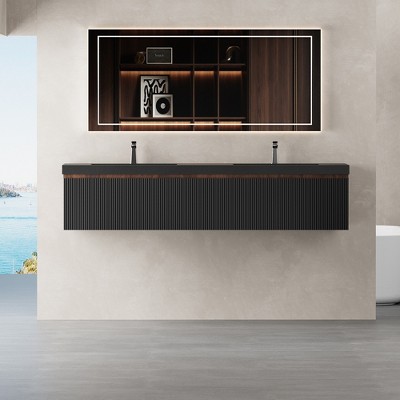 Whisen Floating Wall-Mounted Bathroom Vanity with Wave-Textured Soft-Close Drawers, Basin, Pre-Assembled Cabinet