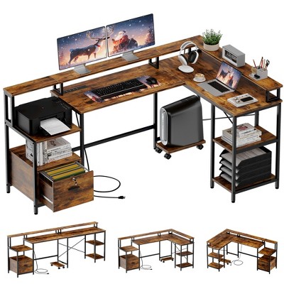 Garvee 76" Reversible L Shaped Computer Desk with File Drawer & with Power Outlet, Gaming Desk with Monitor Shelf, Corner Desk for Home Office