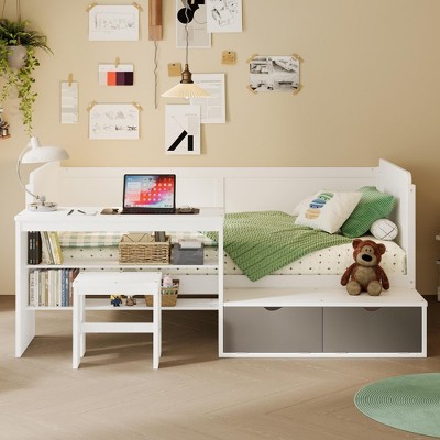 NicBex Twin Size Daybed with Storage Shelves and Lockers,Multi-Functional Bed with Study Desk and Matching Stool