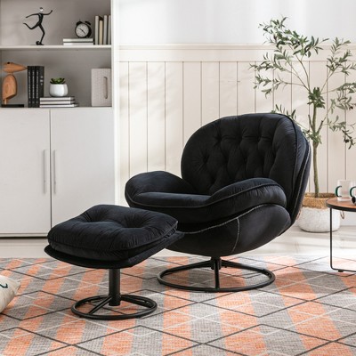 Modern Swivel Chair & Ottoman Set with Metal Base, Velvet Upholstered Accent Chair, Soft Lazy Chair 4Q - ModernLuxe