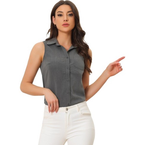 Allegra K Women's Sleeveless Lapel V Neck Button Down Chambray Shirt - image 1 of 4