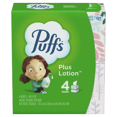 Puffs Plus Lotion Facial Tissue, 4 Cube Boxes, 48 Facial Tissues Per Cube