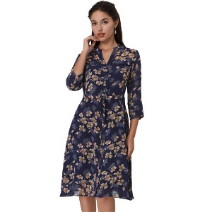 Hobemty Women's V-Neck 3/4 Sleeve Tie Waist Button-Down Floral Chiffon Dress - 1 of 4