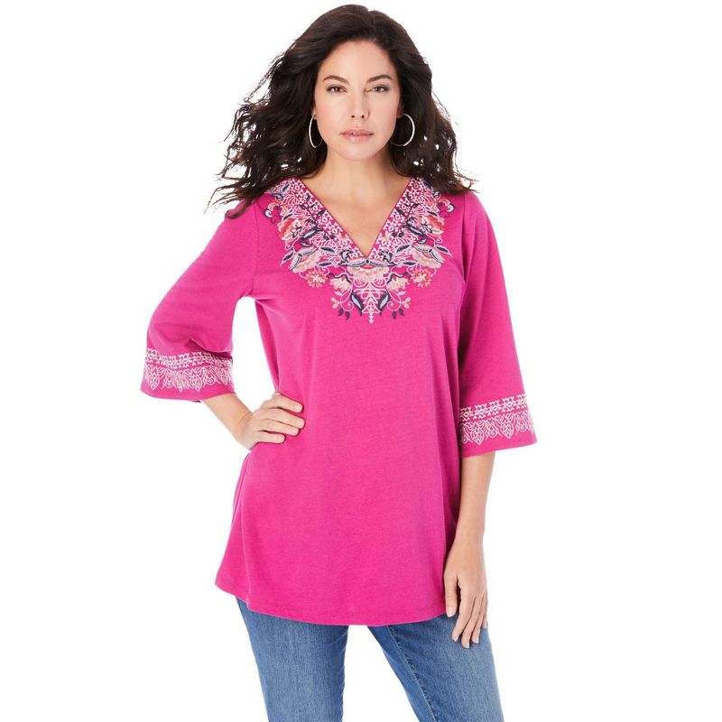 Roaman's Women's Plus Size Embroidered V-Neck Top, 1 of 2
