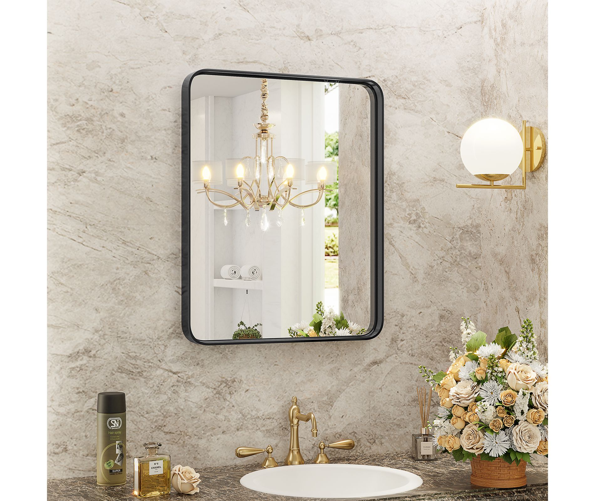 Bestier Metal Framed Vanity Bathroom Mirror with Rounded Corners, Rectangular Matte Large Mirror for Over Sink Wall, Modern Decorative for Restroom