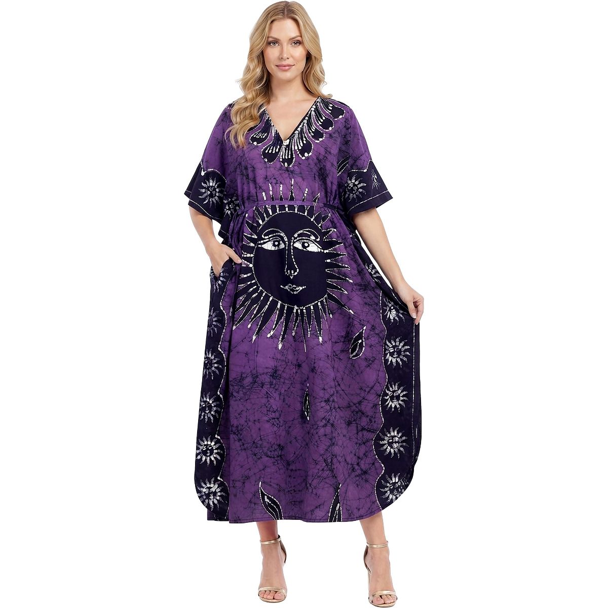 LA LEELA Summer Cotton Women Flowy Caftan Dress Resortwear Vacation Cruise Holiday Lounge Wear Essential 2X-3X Purple Sun