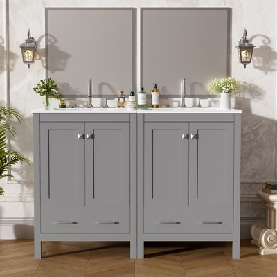 Vynxaria 48-Inch Grey Bathroom Vanity - Dual Undermount Ceramic Sinks, 4 Soft-Close Doors, 2 Divided Drawers, Double-Layer Shelves