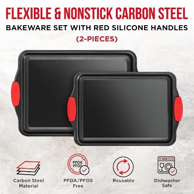 Nonstick Carbon Steel Cookie Sheet Pan Set with Red Handles
