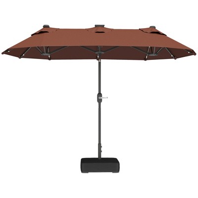 Double-sided Outdoor Patio Umbrella with Solar Lights and Base, Dining Table Umbrella Push Button Tilt