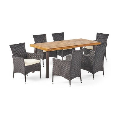 Teak and Multibrown 7-Piece Acacia Wood and Wicker Outdoor Dining Set