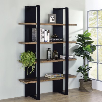 TOAOTBNBO 4-Tier Industrial Bookshelf, Open Bookcase with Large Storage Cabinet, Display Book Shelf for Living Room, Black