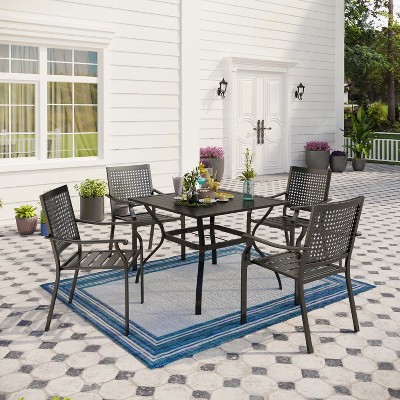 Captiva Designs 5pc Patio Slat-top Square Steel Dining Table with Umbrella Hole & Metal Arm Chairs