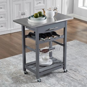 Wooakway 33.5"H Indoor Kitchen Island Trolley Serving Cart with Stainless Steel Marble Top Underneath Drawer Basket Wine Rack Lockable Casters - 1 of 4