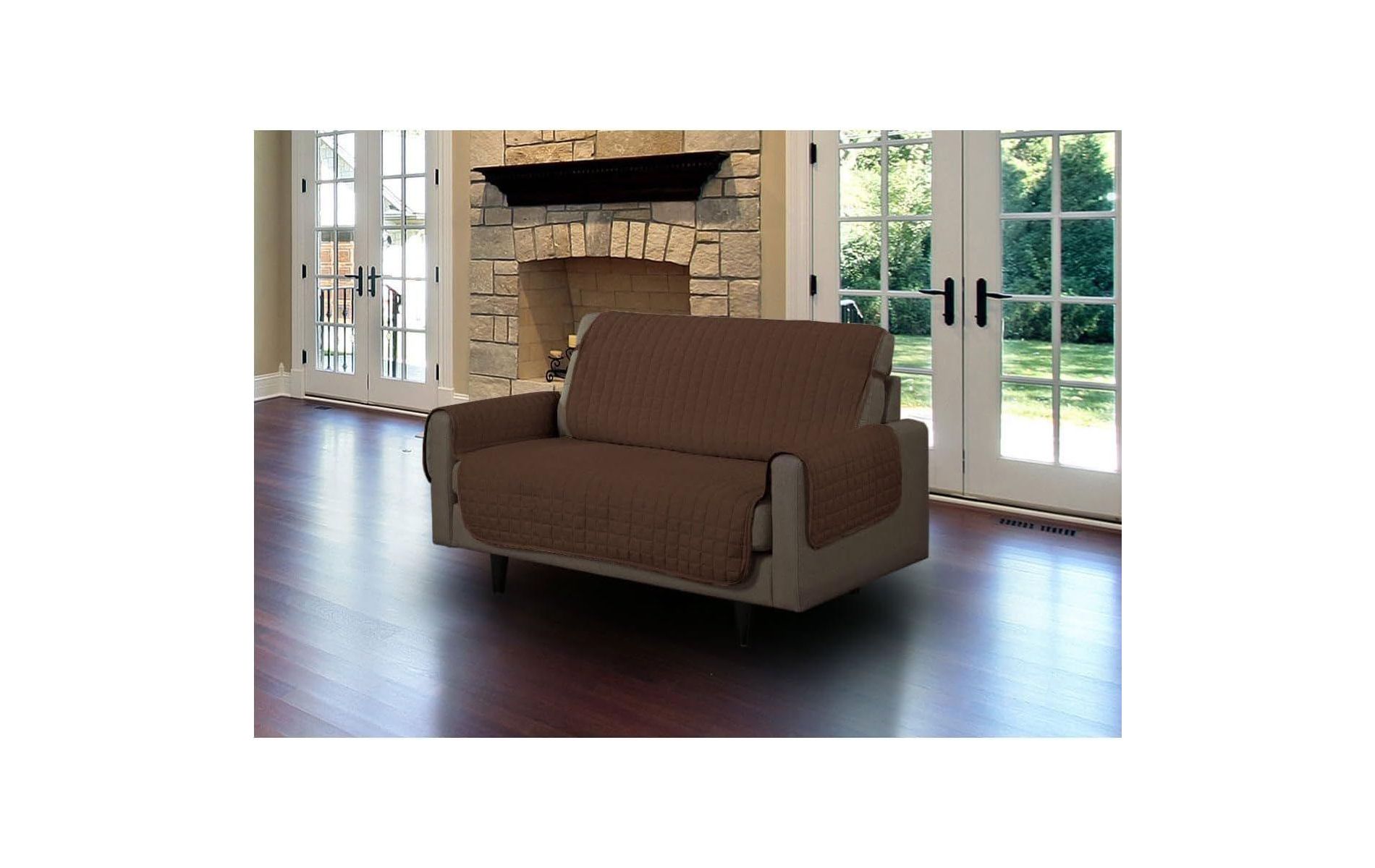 Linen Store 88" x 77" Quilted Microfiber Loveseat Cover Furniture Protector with Tucks & Elastic Strap Brown