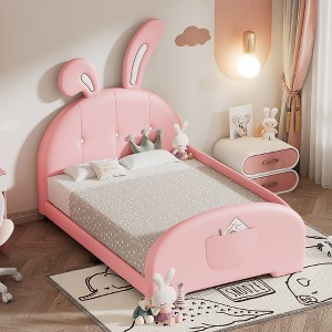 Twin Size Upholstered Bed, Rabbit Shape Princess Bed Frame for Boys and Girls, Twin Size Platform Bed with Headboard and End Panel for Kids - 1 of 4