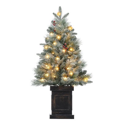 3ft Artificial Christmas Tree w/ Warm White Led Lights, Pre-Lit Christmas Tree w/Snowflakes and Red Berries, Christmas Tree with Base