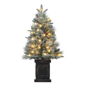 3ft Artificial Christmas Tree w/ Warm White Led Lights, Pre-Lit Christmas Tree w/Snowflakes and Red Berries, Christmas Tree with Base - 1 of 4