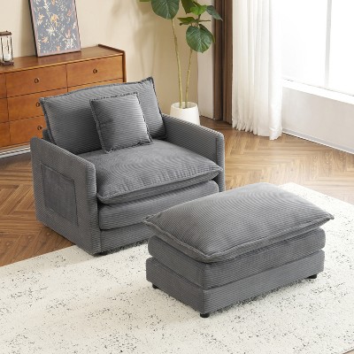 Whisen 41" Modern Design Single Deep Seat Sofa Corduroy Upholstered Armchair 1 Seater Reading Chair With Ottoman