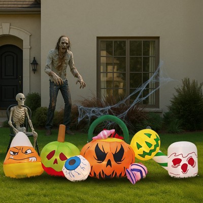 Angel Sar 8FT Halloween Inflatable with Pumpkins, Eyeballs & Candy, LED Lighted Outdoor Decoration for Lawn and Garden