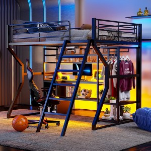 NicBex 70"H Full Size Metal High Loft Bed with LED,Desk,Shelves&Built-In Wardrobe,Versatile Gaming Loft Bed Platform for Gamers&Teens,350lbs Max,Black - 1 of 4