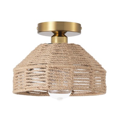 Dewdrop Rustic Semi Flush Mount Light Fixture, Natural Jute Ceiling Light for Bedroom Kitchen Hallway