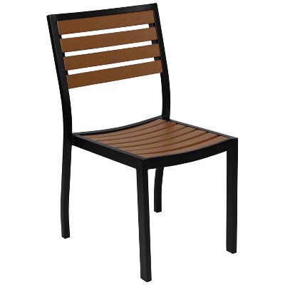 Merrick Lane Outdoor Side Chair Faux Poly Teak Wood and Metal Patio and Deck Chair for All-Weather Use