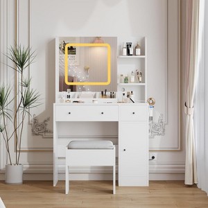 Acekool Dressers Vanity Desk with Mirror, Touch Lighting, Charging Station, 3 Drawers & Shelves, Stool, Makeup Table for Bedroom - 1 of 4