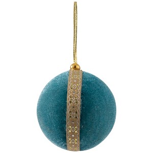 Northlight Velour Christmas Ball Ornament with Ribbon Stripe - 3.25" - Teal Green - 1 of 4