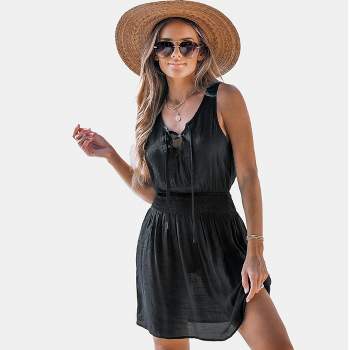 Women's Black Lace-Up Mini Cover-Up Dress - Cupshe