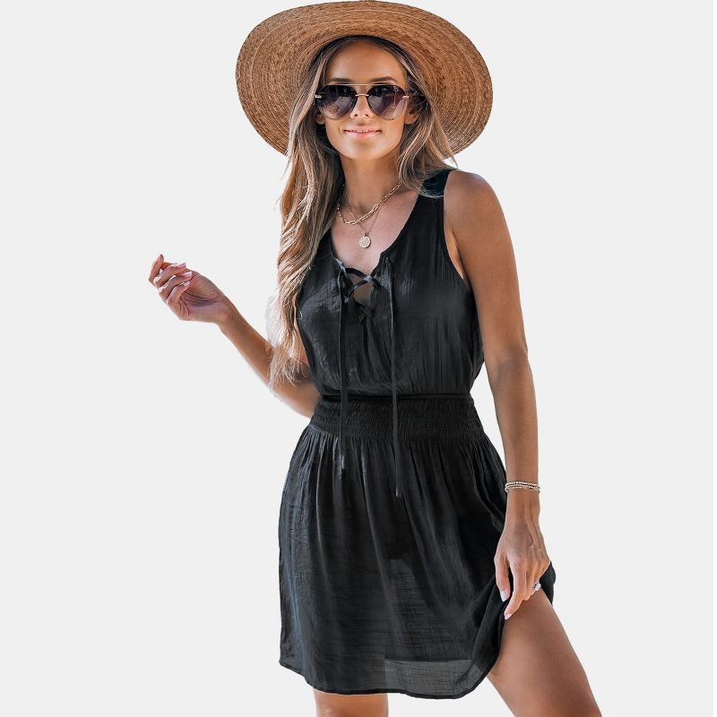 Women's Black Lace-Up Mini Cover-Up Dress - Cupshe, 1 of 8