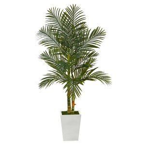 Nearly Natural 5.5-ft Golden Cane Artificial Palm Tree in White Metal Planter - 1 of 4