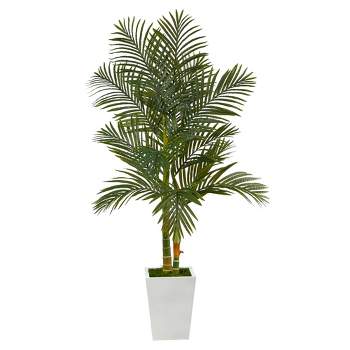 Nearly Natural 5.5’ Golden Cane Artificial Palm Tree in White Metal Planter