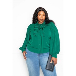 Slickblue Waterfall Frill Pleated Sleeve Blouse , Plus Size Shirt , Bow Detail Style , Black, 1XL - 1 of 3