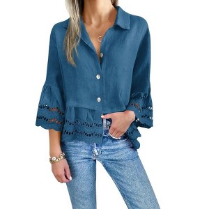 Coolmee Women's 3/4 Bell Sleeve Button Down Shirts Casual Ruffle Hem Tops Eyelet Blouse - 1 of 3