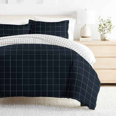 Rustic Windowpane Navy 3PC Duvet Cover Set - Durable Microfiber, Corner Ties, Soft Touch - Becky Cameron