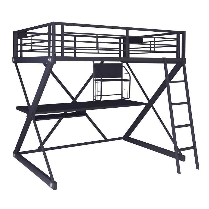 Zayne Modern Industrial Black Metal Kids&#39; Full Sized Loft Bed with Built in Study Desk - Powell, 1 of 10