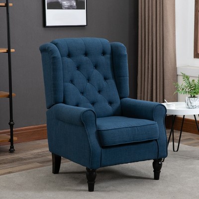 Blue Button-Tufted High Wingback Accent Chair with Wood Legs