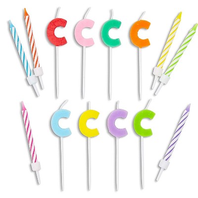 Blue Panda 96-Piece Letter C and Colored Stripes Birthday Cake Candles Set with Holders for Party Decorations