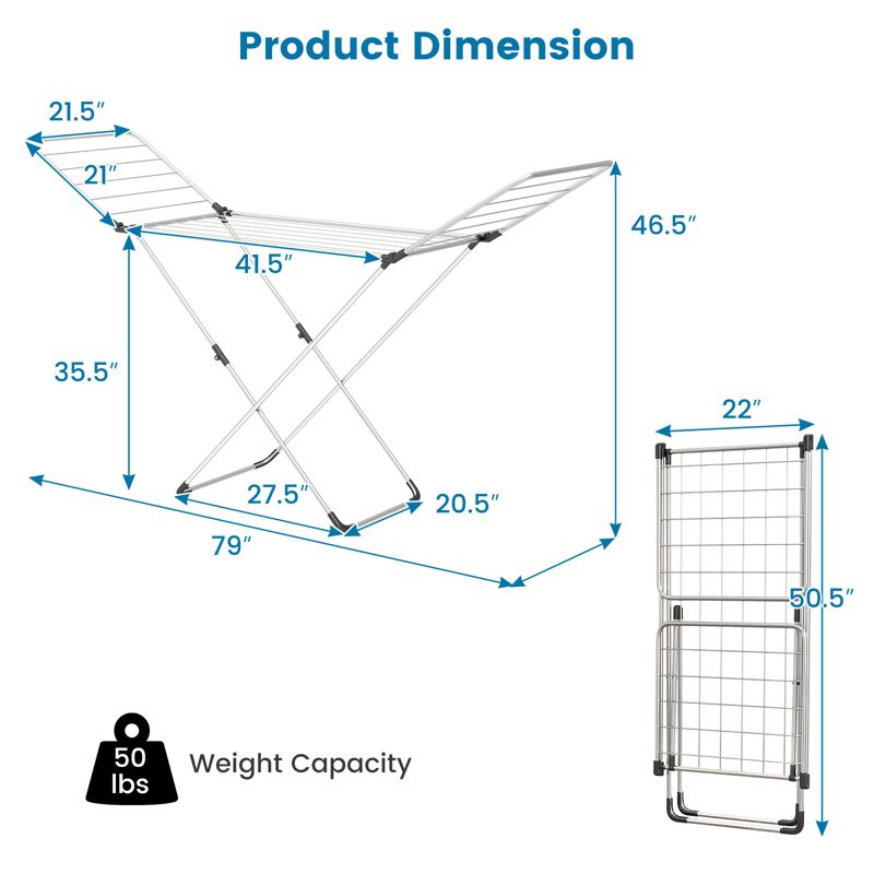 Clothes Drying Rack Foldable Laundry Drying Rack w/ Stable Aluminum Frame 20 Drying Rails & 2 Wings Anti-slip Foot Pads, 3 of 11