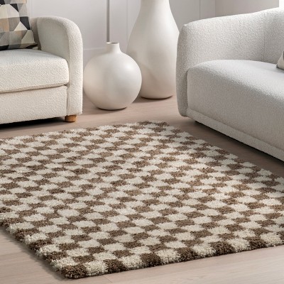 Beige and Brown Checkered Shag Synthetic Area Rug 2' x 3'