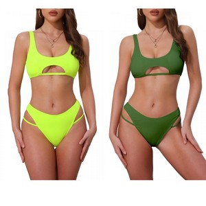 INSPIRE CHIC Women's Ribbed Scoop Neck Top Triangle Bottom Swimwear Bikini Suits 2 Sets - 1 of 4