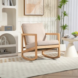 Solid Wood Rocking Chair Upholstered in Linen Fabric, Beige 4Q - ModernLuxe - 1 of 4