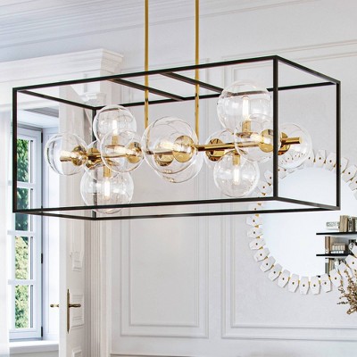 Matte Black and Gold Linear Pendant Chandelier with Glass Shades