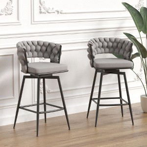 28" Technical Leather Woven Bar Stool Set of 2, 360¡ã Swivel Upholstered Counter Stools with Back, Footrest and Metal Legs - 1 of 4