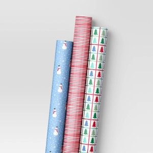 30" 3pk 180 sq ft Christmas Wrap Pack Snowmen/Red Stripes/Trees - Wondershop™ - 1 of 3