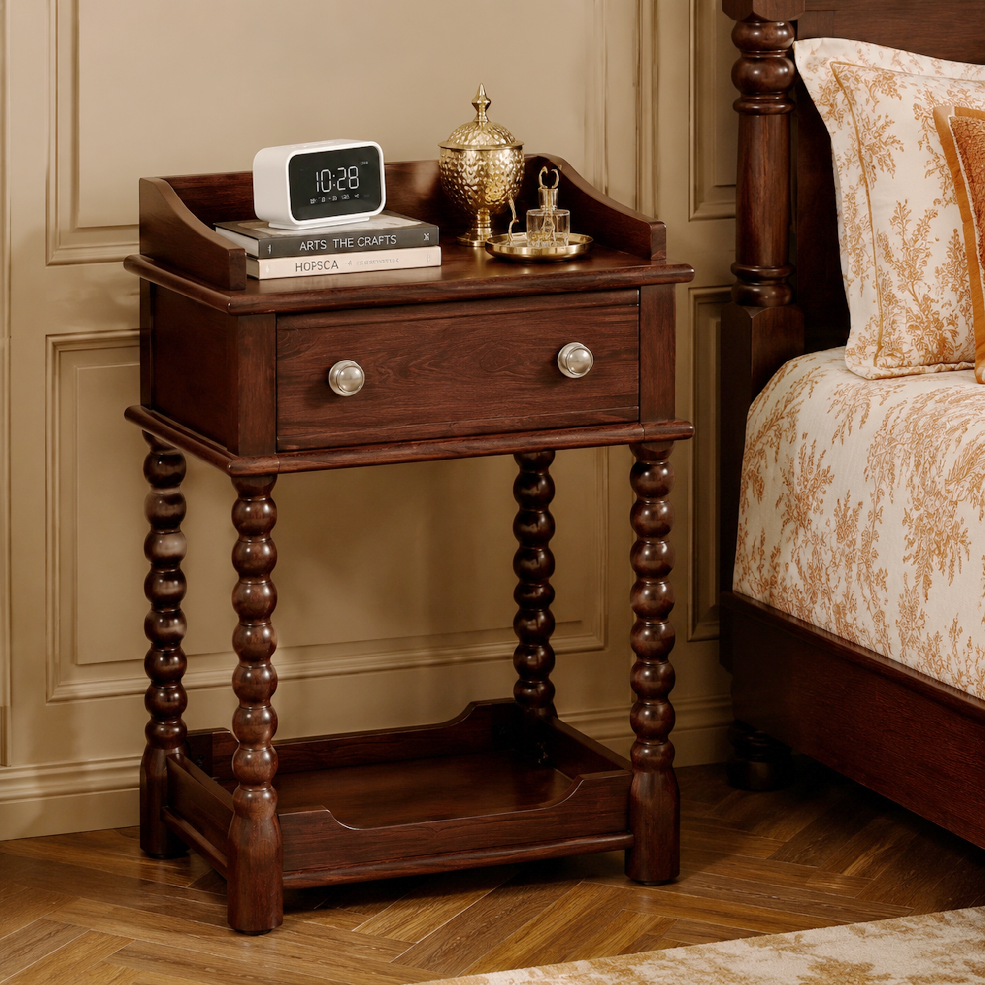 Retro Style Nightstand with Drawer and Open Shelf for Bedroom, Bedside Table with Turned Legs and Metal Handle, Walnut