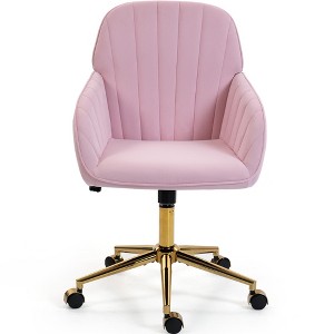 Bosmiller Velvet Home Office Chair, Gold Base and Wheels, Modern Makeup Vanity Chair, Height Adjustable Swivel Desk Chair, Living Room Bedroom, Beige - 1 of 4